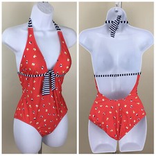 SPLENDID Womens sz Small Orange Blue White Floral Striped Halter Swimsuit