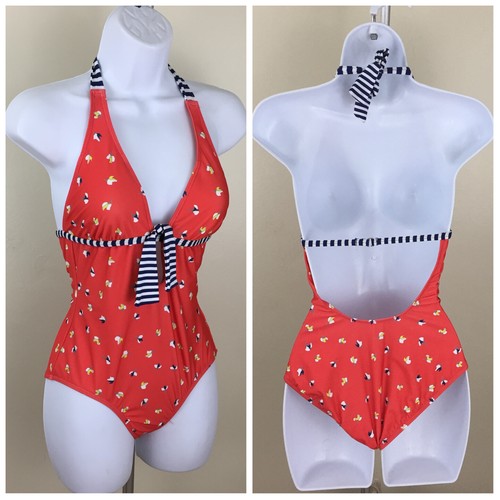 SPLENDID Orange Blue White Floral Striped Halter Swimsuit Womens sz Small