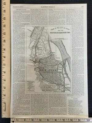 Rare Antique Orig VTG 1857 Plan of City of Delhi Map Harpers Engraving Art Print