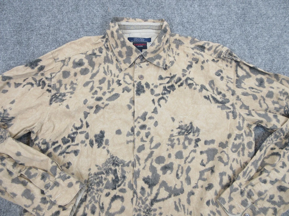 Camisa Tommy Jeans DE COLECCIÓN Para Hombres Adultos Grande Marrón Guepardo Abotonada Preppy Informal Foto 2 de 4