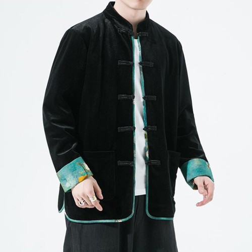 Men Ethnic Splice Velvet Loose Shirt Top Casual Jacket Frog Button Tops Coat  - Imagen 3 de 9