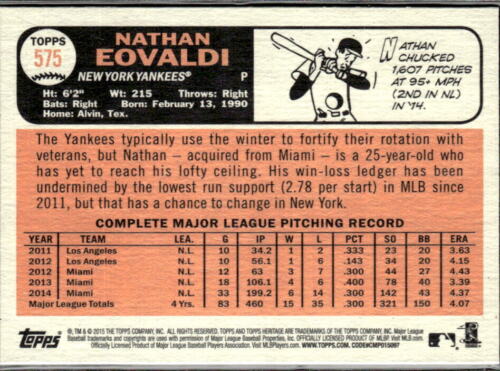 2015 Topps Heritage #575 Nathan Eovaldi Purple Near Mint - Picture 2 of 2