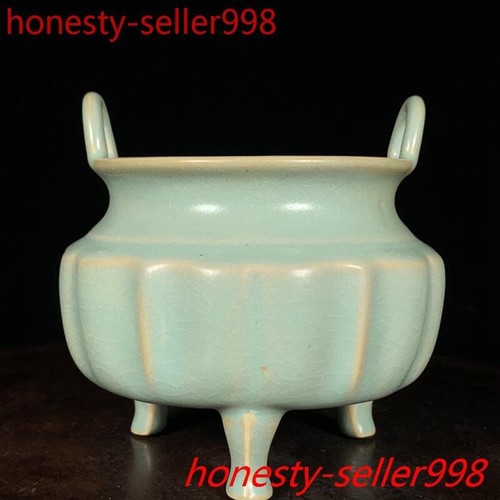 4,8"China Song Dynasty ru four trépied en porcelaine encensoir statue brûleur d'encens