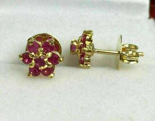 1Ct Round Cut Lab-Created Ruby Flower Cluster Stud Earrings 14K Yellow Gold Over - Picture 3 of 4