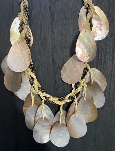 2pc Abalone Shell Statement Necklace Bib Dangle Seed Bead Braided Bronze Brown - Picture 4 of 7