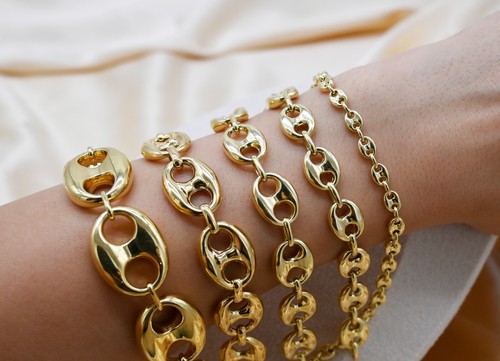 14K Real Gold-Puffed Mariner Anchor Link Chain Bracelet-Puffed Real Yellow Gold - Picture 5 of 12