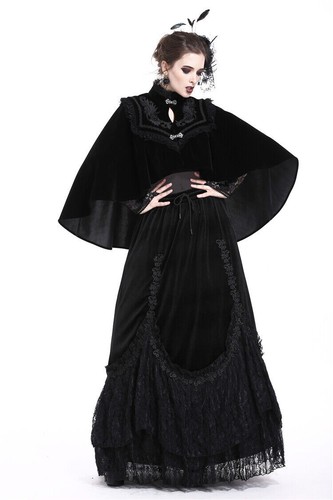 DARK IN LOVE Damen Schwarz Samt Gothic Steampunk Elegant Spitze Cape Tücher Mantel - Bild 9 von 23