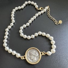 Ancient Roman Hunting Carriage/Ocean Goddess 2 sided Retro Coins Pearl Necklace