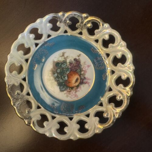 Vintage LM Royal Halsey Luster Tea Cup & Saucer Set - Teal & Fruit - Picture 3 of 7