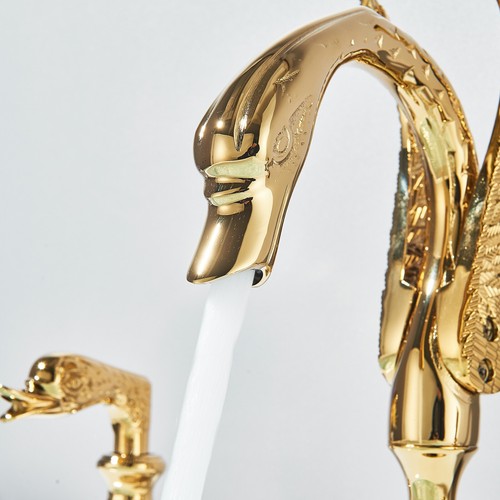 Gold Swan Bathroom Sink Faucet 3Holes 2Handle Waterfall Vanity Basin Mixer Taps - Picture 5 of 11
