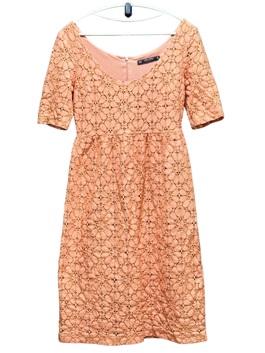 Zara Basic Peach Dress Size XS Floral Lace Eyelet Midi Dress