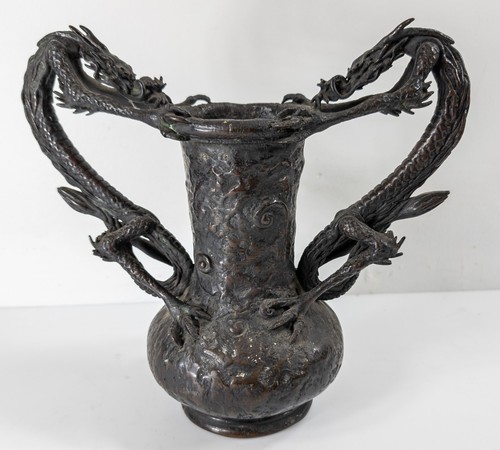 Antique Japanese Meiji Bronze Double Dragon Vase Signed - Picture 5 of 14