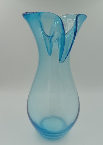 Sea Mist  Blue Pilgrim  Glass Vase Folded Clam Shell Rim 10.5 " Hand Blown Glass - Picture 1 of 11
