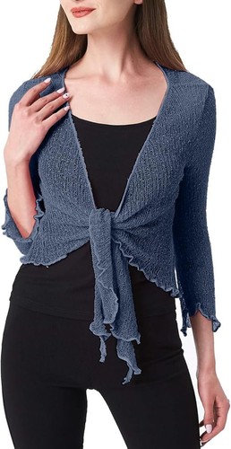 Womens Plain Tie Up Waist Fish Net Bolero Shrug Open Blouse Cropped Cardigan Top - Picture 48 of 71
