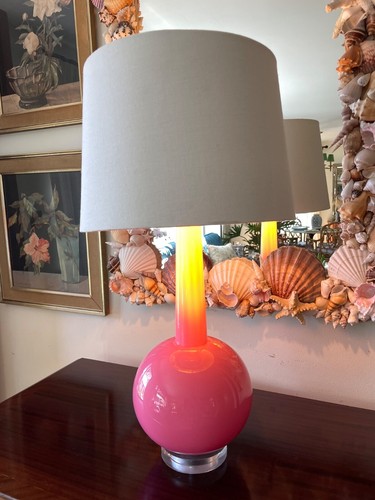 Bubblegum Pink Anthropologie Lamp with Linen and Gold Shade and Lucite Base - Picture 3 of 6