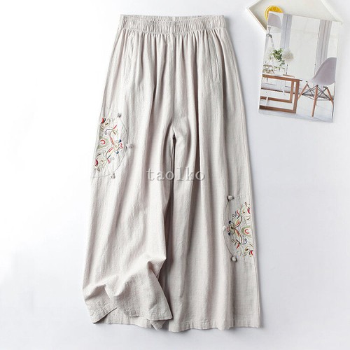 Pantalones para mujer estilo étnico retro bordado algodón lino 85-91 cm largo pierna ancha - Imagen 32 de 32