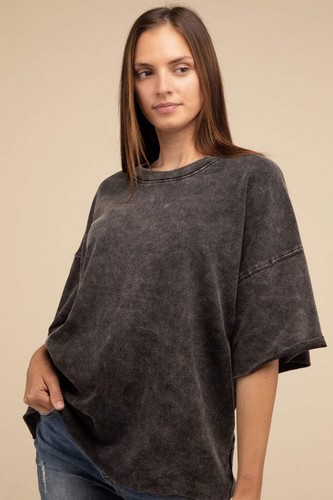Zenana Washed French Terry Halbarm Rundhals Tunika T-Shirt Ash Schwarz