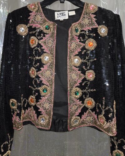 Giacca seta vintage anni 80 paillettes con strass cuciture oro di linea party MEDIA - Foto 2 di 12