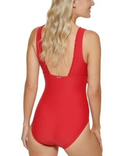 Tommy Hilfiger Orange Ruffled Plunge One-Piece Swimsuit Size 14 NWT $98 - Picture 3 of 3