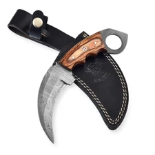 Custom Made Damascus Karambit Knife Wood Handle & Beautiful Mosaic Pin