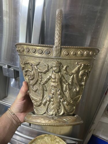 Large Vtg English Brass Repousse Basket Cherub Kindling or Coal Wastebasket