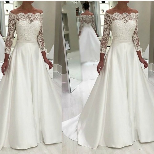 Classic Satin Wedding Dresses Long Sleeve Lace Appliques Bridal Gown White Ivory