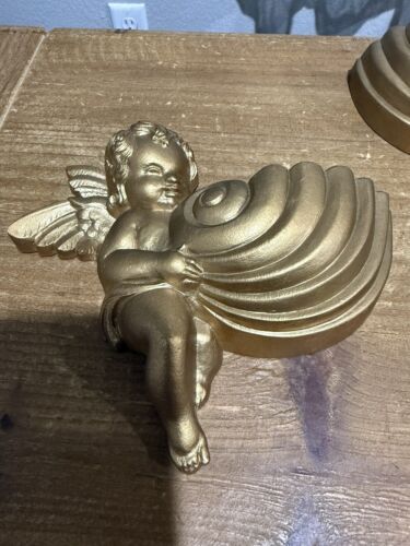 Vintage Homco Burwood Gold Angel Cherub Wall Pocket Planters Set Of 2 #2879 USA - Picture 2 of 7