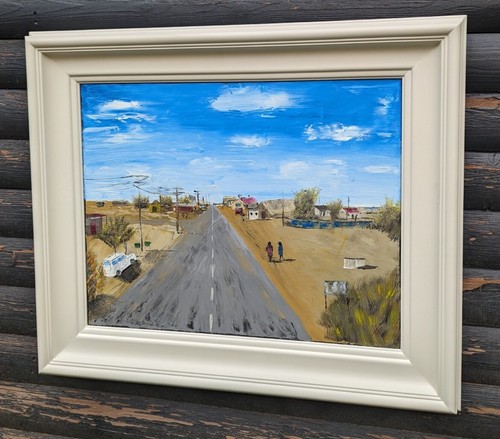 VILLAGE SMALL TOWN BLUE SKY FIGURES FRAMED ORIGINAL OIL PAINTING signed - Picture 2 of 20