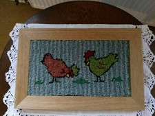 Arts Decor Whalley wood framed wool woven picture 2 hens feeding, ready to hang