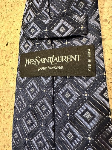 Yves Saint Laurent pour homme YSL Mens Blue Silver 100% Woven Silk Necktie Reg - Picture 9 of 16