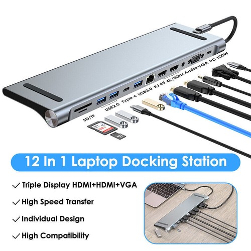 12in1 USB C Docking Station Dual Monitor Type-C USB 3.0 Dock Triple Display# - Afbeelding 2 van 19