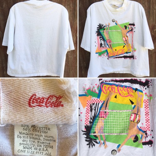 Vintage Coca Cola Crop Top Volleyball Neon Graphic T-shirt 80s 90s 1980s OSFA - Picture 2 of 12