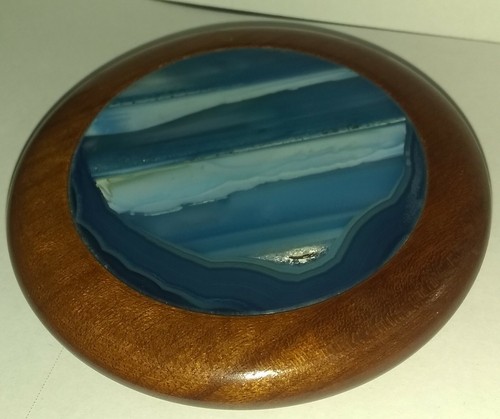 Vintage Blue Agate Slice Wood Trinket Box - Picture 1 of 9