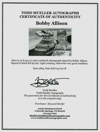 RARE!! "NASCAR Champ" Bobby Allison Hand Signed 8.5X5.75 Cardstock COA - Picture 3 of 3