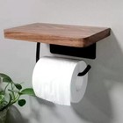 Toilet Paper Holder with Natural Wooden Shelf Tissue Roll Hanger Wall Mounted