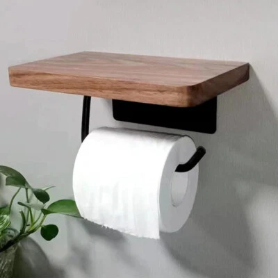 Toilet Paper Holder with Natural Wooden Shelf Tissue Roll Hanger Wall Mounted