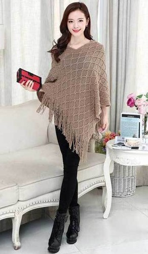 Women Poncho Stole Cape Shrug Wrap Shawl Jacket Jumper Sweater Cardigan Top Coat - Picture 7 of 27