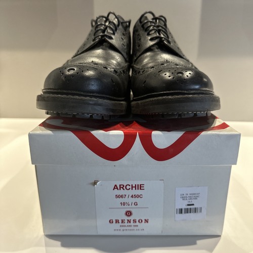 Grenson Archie Brogue Shoes Black Leather Wingtip Lace Up "Goodyear" 10-1/2 G - Picture 12 of 12
