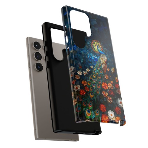 For iPhone, Galaxy, Pixel Phone Case Cover - Blue Stained Glass Peacock Flower - Picture 170 of 242