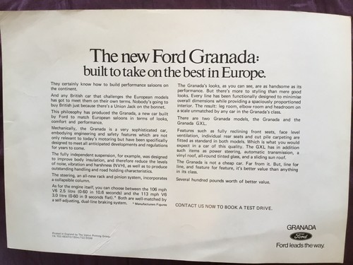 Ford Granada sales sheet,1972 - Picture 2 of 2
