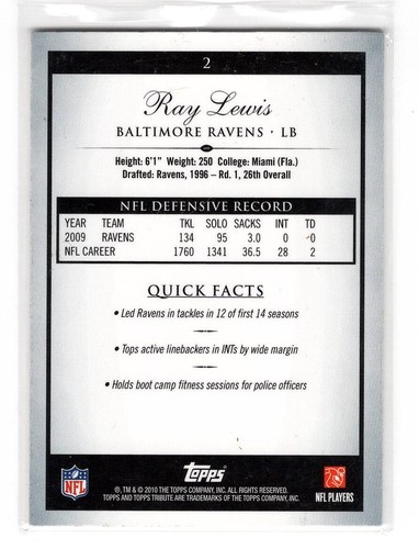 2010 Topps Tribute - Blue Parallel #33/89 - Ray Lewis #2 - Picture 2 of 2