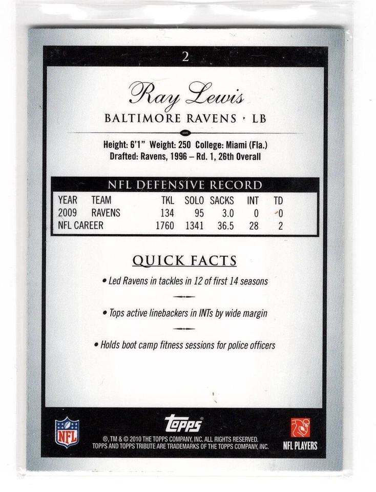 2010 Topps Tribute - Blue Parallel #33/89 - Ray Lewis #2 - Image 2 of 2