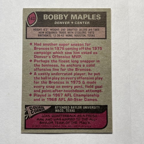 1977 Topps Bobby Maples Denver Broncos Football Card #143 - Picture 2 of 2