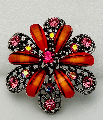 Broche prendedor de cristal rosa lucita naranja tono plata estilo Juliana “Vintage Look” - Imagen 1 de 2