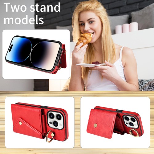 Für iPhone 16 15 Pro Max 14 13 12 11 Crossbody Leder Wallet Ring Ständer Hülle - Bild 5 von 73