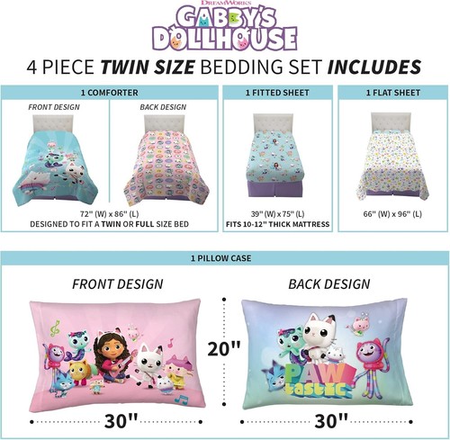 Super Soft Gabby’s Dollhouse Bedding Set - 4-Piece Twin Size with Cartoon Theme - Picture 6 of 8