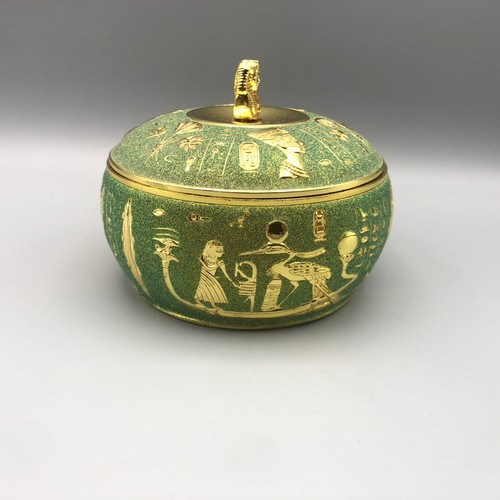 Ancient Egyptian Drawings Metal Green Gold Ashtray Smoking Smoke Cigarette Cigar - Picture 7 of 11