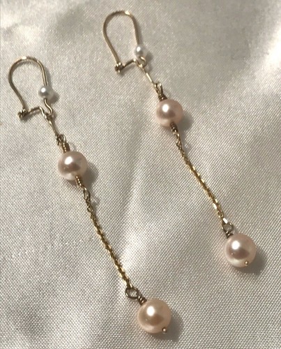  PASTEL  PINK CULTURED PEARL LONG DANGLE  EARRINGS - 14k YLO. GOLD TOPS - Picture 2 of 2