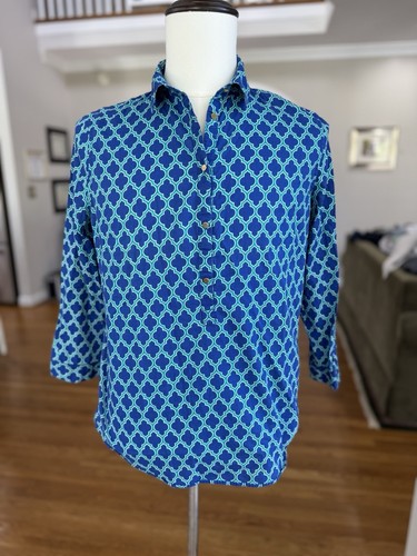 Lands End women’s 100 percent cotton blue and green geometric button up 12 GUC - Picture 1 of 3