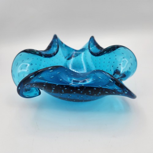 Vintage Hand Blown Blue Bullicante Art Glass Dish Bowl Ashtray Controlled Bubble - Picture 5 of 9